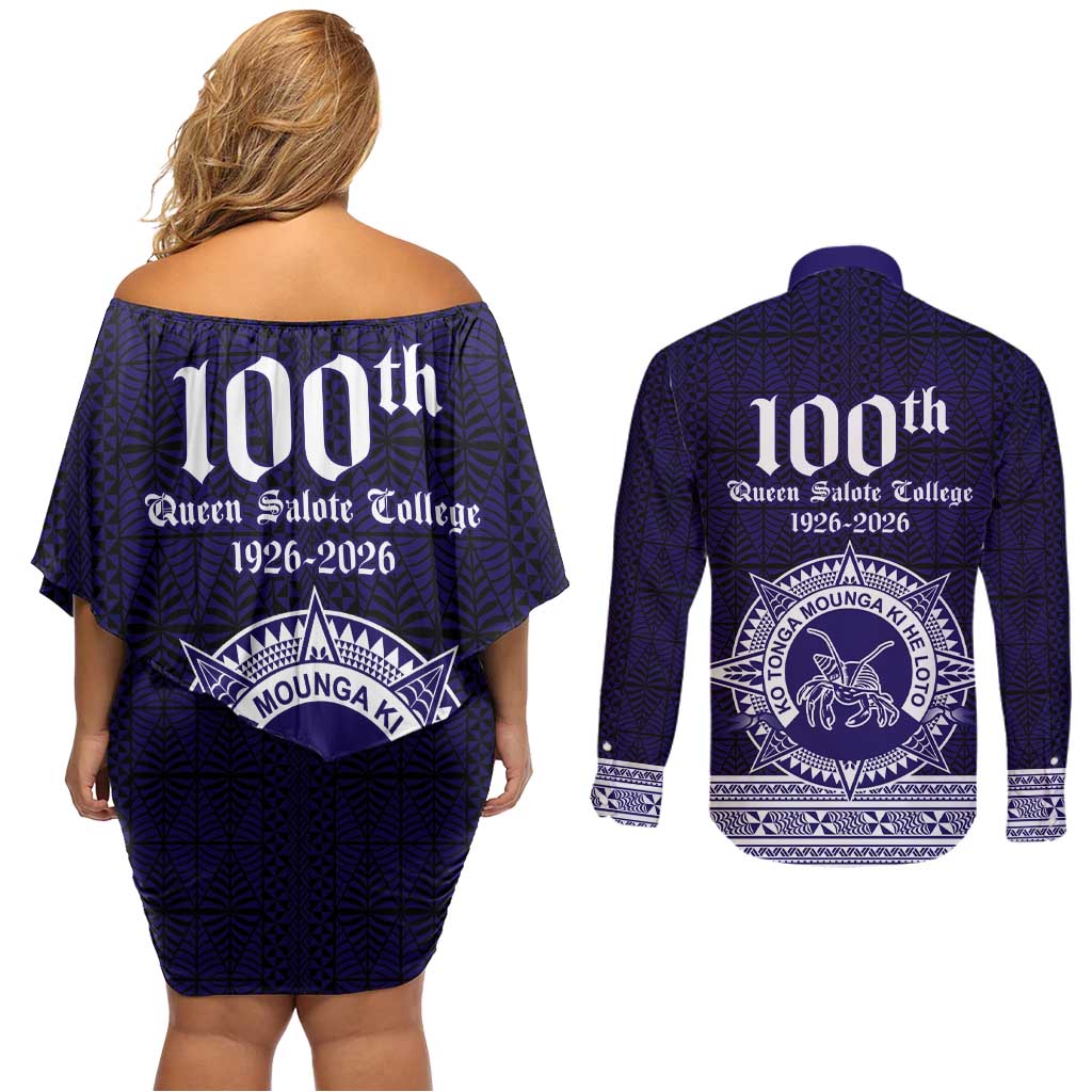 Tonga Queen Salote College 100 years Couples Matching Off Shoulder Short Dress and Long Sleeve Button Shirt QSC 1926-2026 Tongan Pattern LT9 - Polynesian Pride