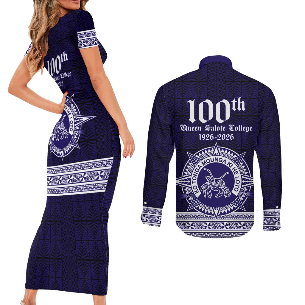 Tonga Queen Salote College 100 years Couples Matching Short Sleeve Bodycon Dress and Long Sleeve Button Shirt QSC 1926-2026 Tongan Pattern LT9 - Polynesian Pride