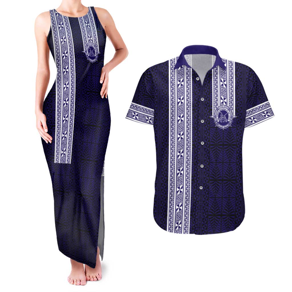 Tonga Queen Salote College 100 years Couples Matching Tank Maxi Dress and Hawaiian Shirt QSC 1926-2026 Tongan Pattern LT9 Blue - Polynesian Pride