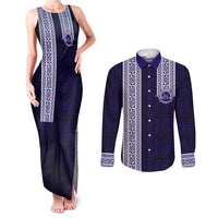 Tonga Queen Salote College 100 years Couples Matching Tank Maxi Dress and Long Sleeve Button Shirt QSC 1926-2026 Tongan Pattern LT9 Blue - Polynesian Pride