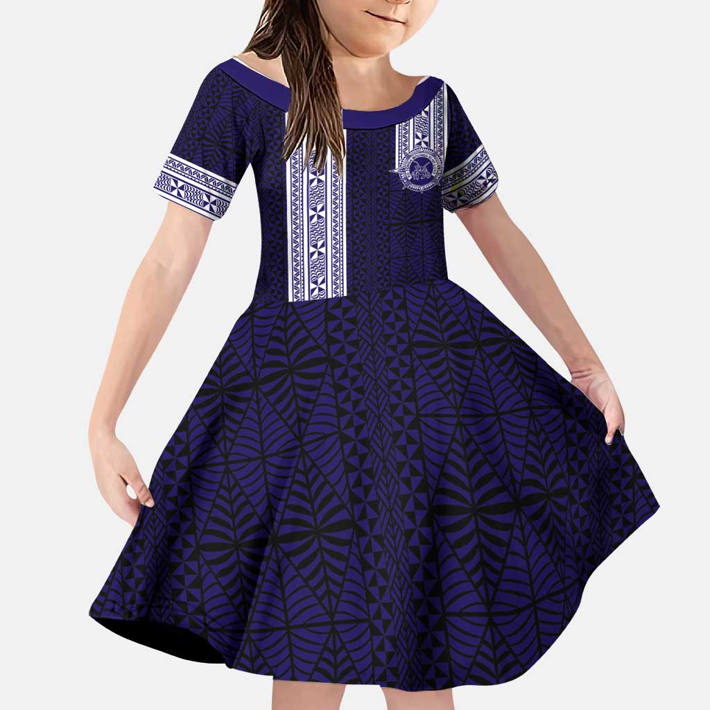 Tonga Queen Salote College 100 years Family Matching Off The Shoulder Long Sleeve Dress and Hawaiian Shirt QSC 1926-2026 Tongan Pattern LT9 Daughter's Dress Blue - Polynesian Pride