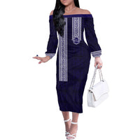 Tonga Queen Salote College 100 years Family Matching Off The Shoulder Long Sleeve Dress and Hawaiian Shirt QSC 1926-2026 Tongan Pattern LT9 Mom's Dress Blue - Polynesian Pride