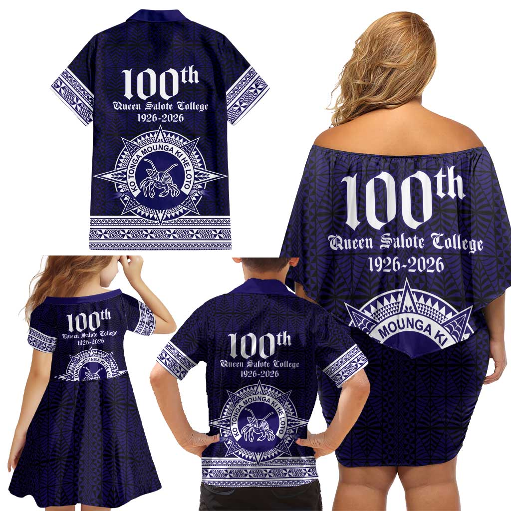 Tonga Queen Salote College 100 years Family Matching Off Shoulder Short Dress and Hawaiian Shirt QSC 1926-2026 Tongan Pattern