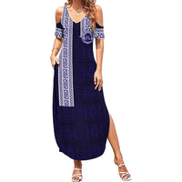 Tonga Queen Salote College 100 years Summer Maxi Dress QSC 1926-2026 Tongan Pattern LT9 Women Blue - Polynesian Pride