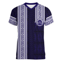 Tonga Queen Salote College 100 years Women V-Neck T-Shirt QSC 1926-2026 Tongan Pattern LT9 Female Blue - Polynesian Pride