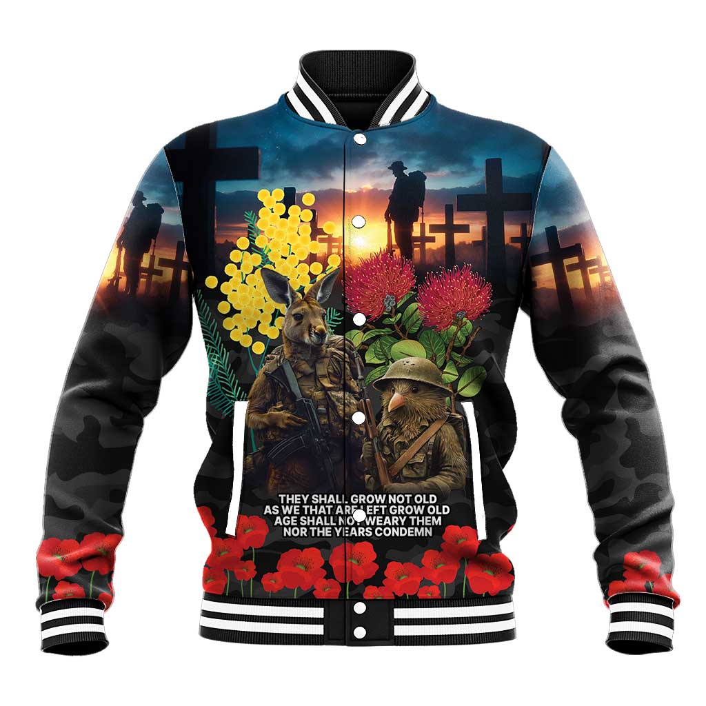 Kangaroo-Kiwi Soldier ANZAC Personalised Baseball Jacket Golden Wattle and Pohutukawa Flowers