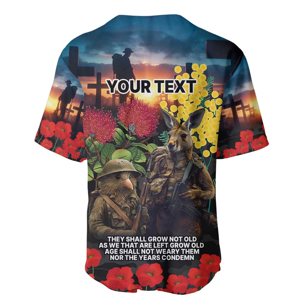 Kangaroo-Kiwi Soldier ANZAC Personalised Baseball Jersey Golden Wattle and Pohutukawa Flowers