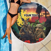 Kangaroo-Kiwi Soldier ANZAC Personalised Beach Blanket Golden Wattle and Pohutukawa Flowers