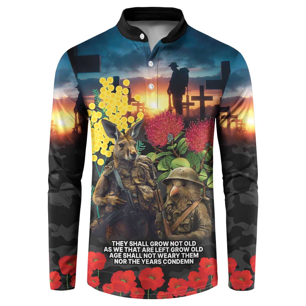 Kangaroo-Kiwi Soldier ANZAC Personalised Button Sweatshirt Golden Wattle and Pohutukawa Flowers