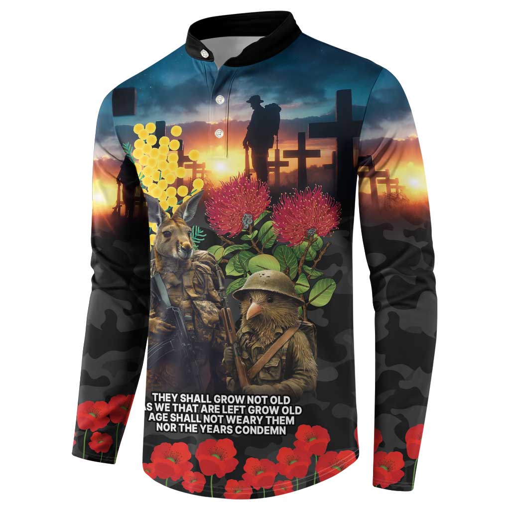 Kangaroo-Kiwi Soldier ANZAC Personalised Button Sweatshirt Golden Wattle and Pohutukawa Flowers