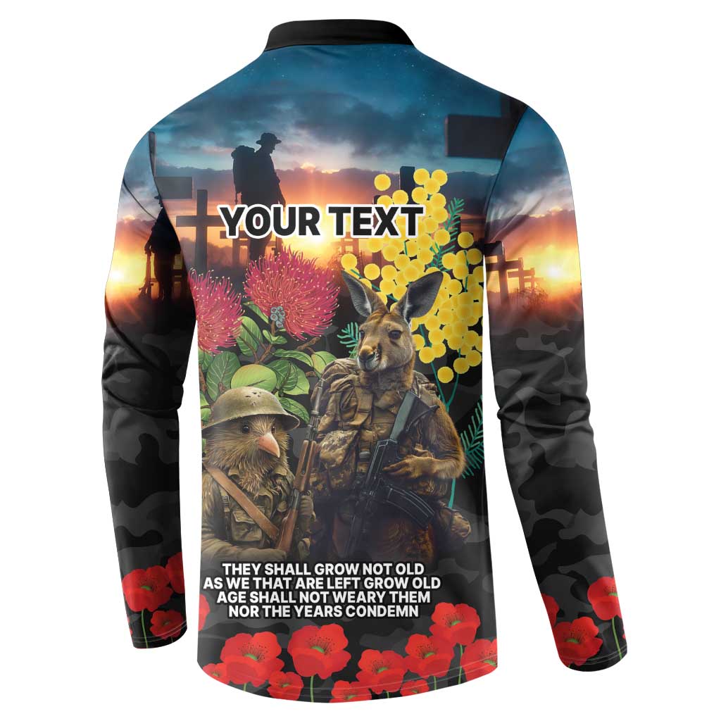 Kangaroo-Kiwi Soldier ANZAC Personalised Button Sweatshirt Golden Wattle and Pohutukawa Flowers