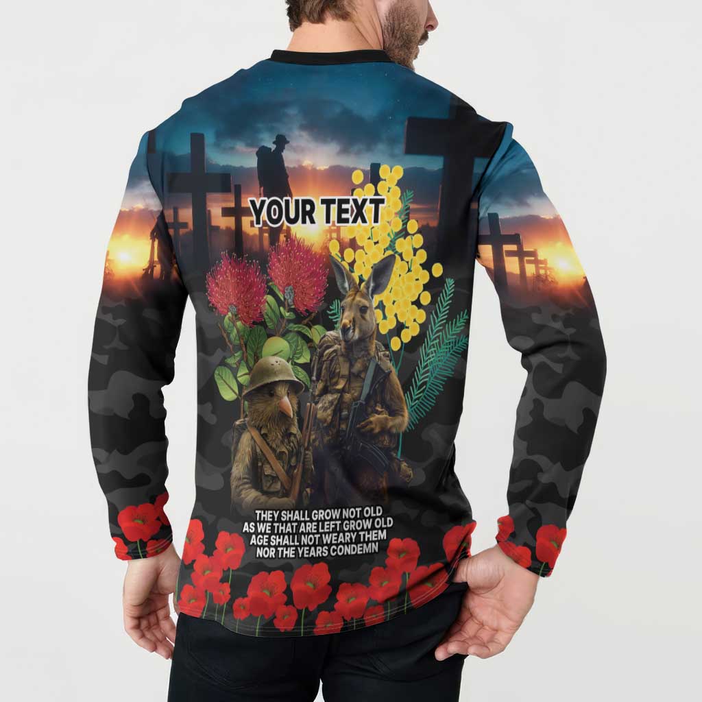 Kangaroo-Kiwi Soldier ANZAC Personalised Button Sweatshirt Golden Wattle and Pohutukawa Flowers