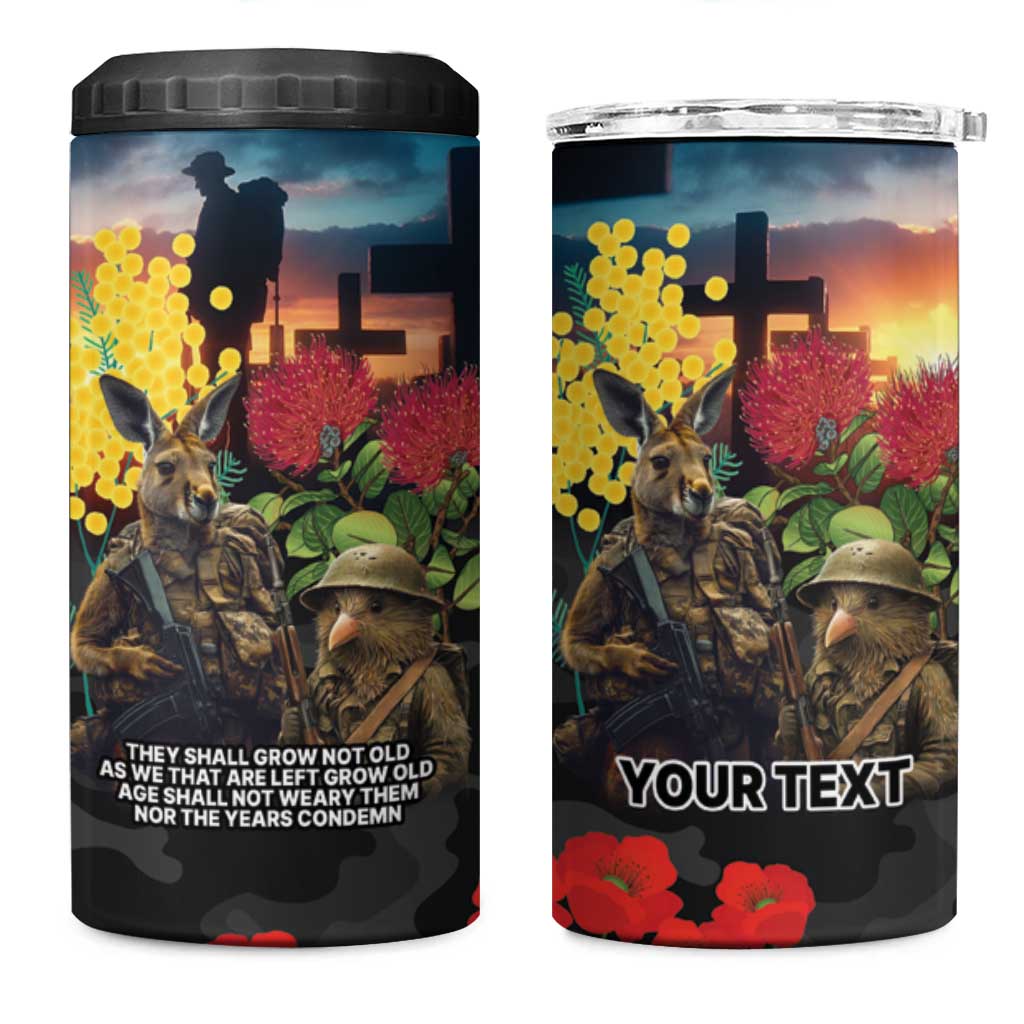 Kangaroo-Kiwi Soldier ANZAC Personalised 4 in 1 Can Cooler Tumbler Golden Wattle and Pohutukawa Flowers