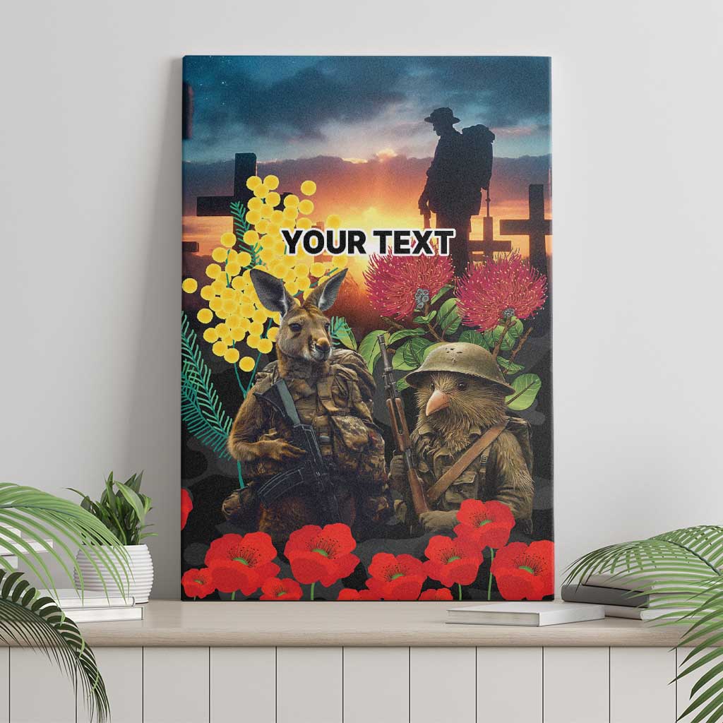 Kangaroo-Kiwi Soldier ANZAC Personalised Canvas Wall Art Golden Wattle and Pohutukawa Flowers