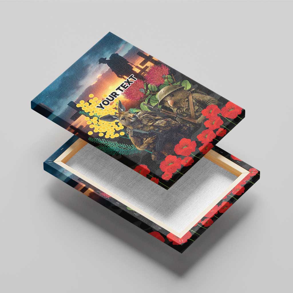 Kangaroo-Kiwi Soldier ANZAC Personalised Canvas Wall Art Golden Wattle and Pohutukawa Flowers