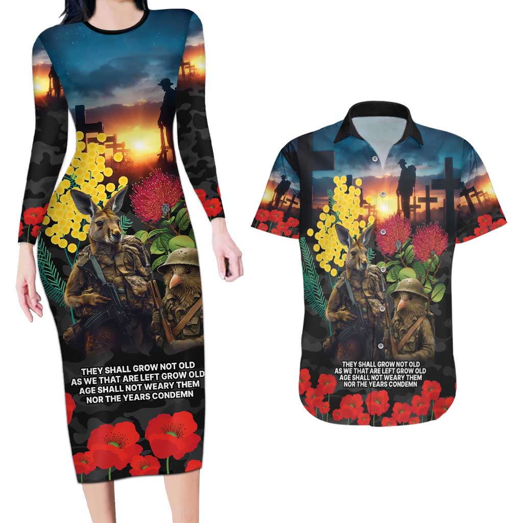 Kangaroo-Kiwi Soldier ANZAC Personalised Couples Matching Long Sleeve Bodycon Dress and Hawaiian Shirt Golden Wattle and Pohutukawa Flowers