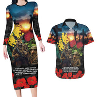 Kangaroo-Kiwi Soldier ANZAC Personalised Couples Matching Long Sleeve Bodycon Dress and Hawaiian Shirt Golden Wattle and Pohutukawa Flowers