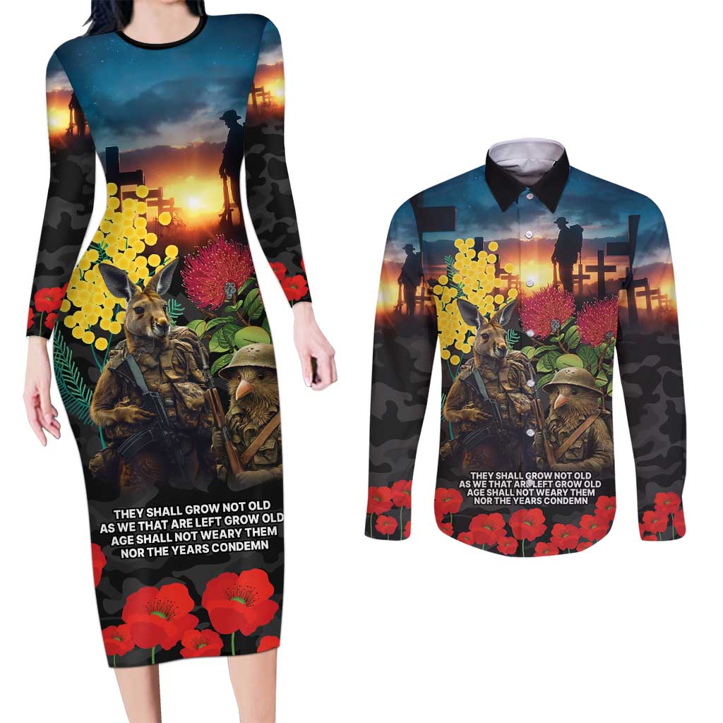 Kangaroo-Kiwi Soldier ANZAC Personalised Couples Matching Long Sleeve Bodycon Dress and Long Sleeve Button Shirt Golden Wattle and Pohutukawa Flowers