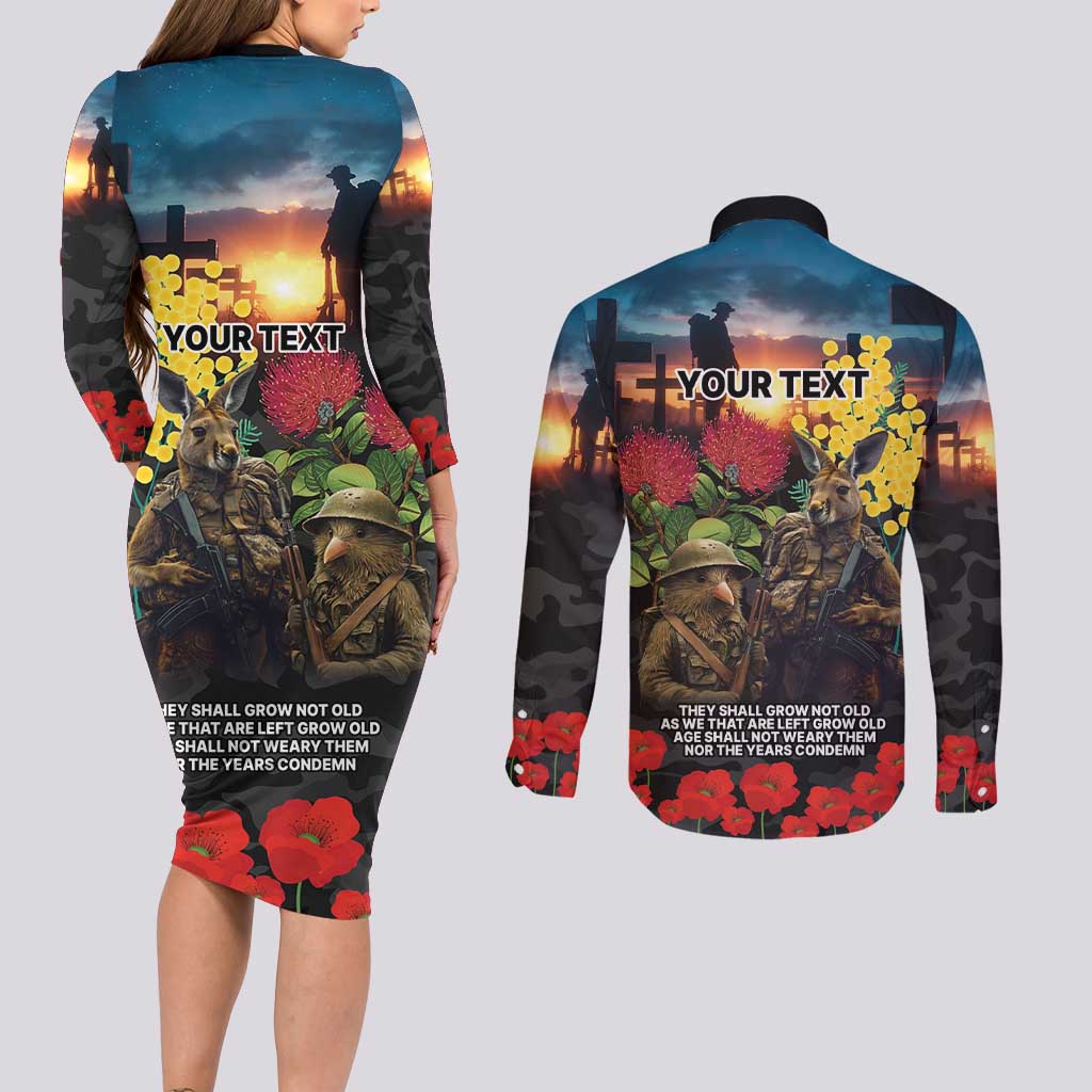 Kangaroo-Kiwi Soldier ANZAC Personalised Couples Matching Long Sleeve Bodycon Dress and Long Sleeve Button Shirt Golden Wattle and Pohutukawa Flowers