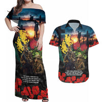 Kangaroo-Kiwi Soldier ANZAC Personalised Couples Matching Off Shoulder Maxi Dress and Hawaiian Shirt Golden Wattle and Pohutukawa Flowers