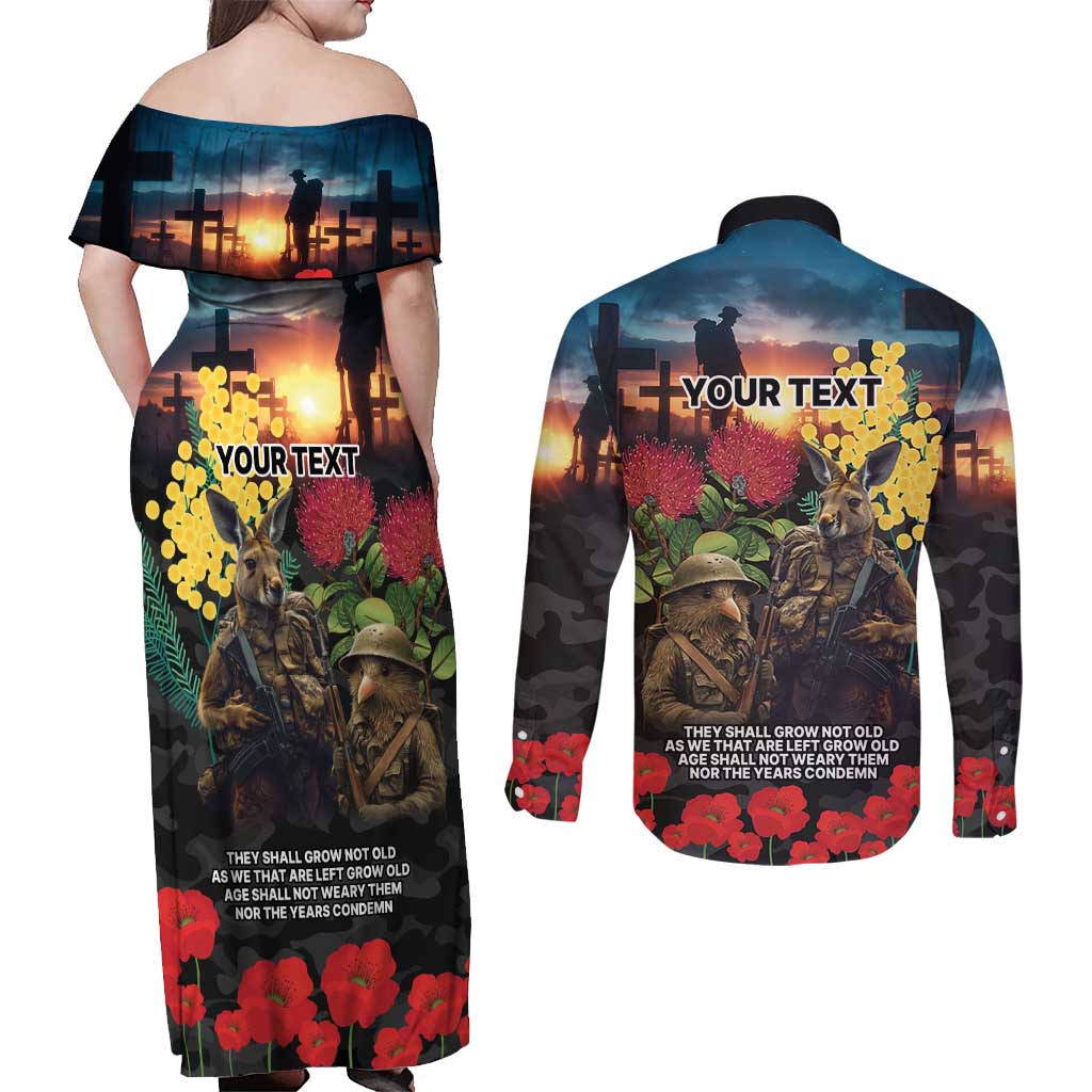 Kangaroo-Kiwi Soldier ANZAC Personalised Couples Matching Off Shoulder Maxi Dress and Long Sleeve Button Shirt Golden Wattle and Pohutukawa Flowers