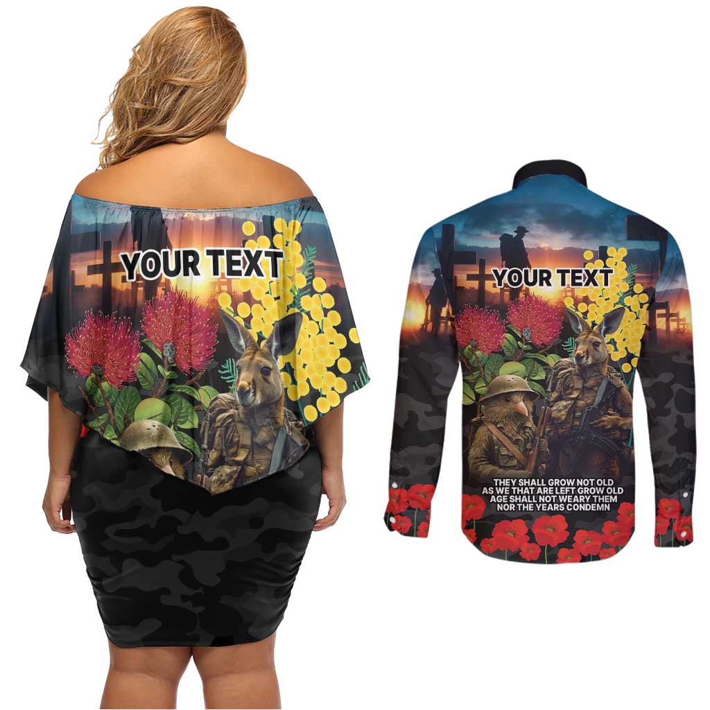Kangaroo-Kiwi Soldier ANZAC Personalised Couples Matching Off Shoulder Short Dress and Long Sleeve Button Shirt Golden Wattle and Pohutukawa Flowers