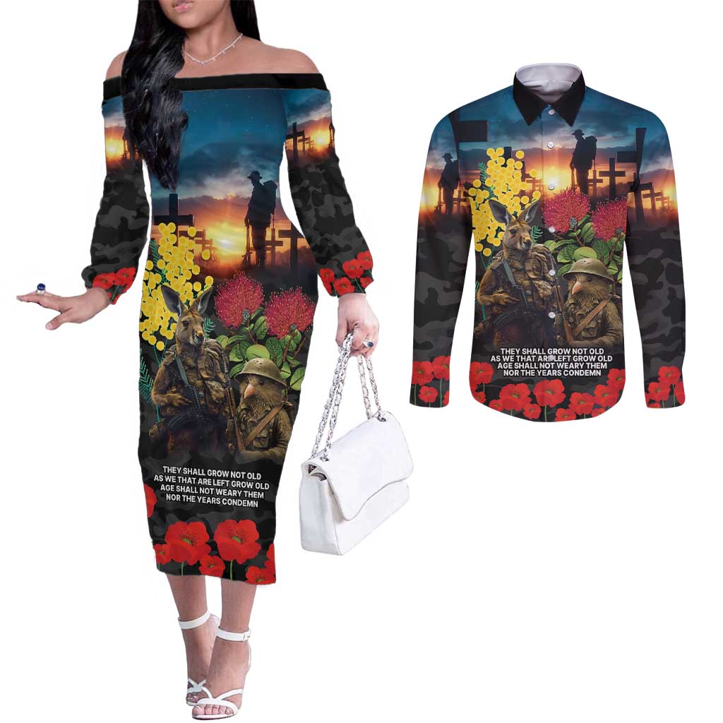Kangaroo-Kiwi Soldier ANZAC Personalised Couples Matching Off The Shoulder Long Sleeve Dress and Long Sleeve Button Shirt Golden Wattle and Pohutukawa Flowers