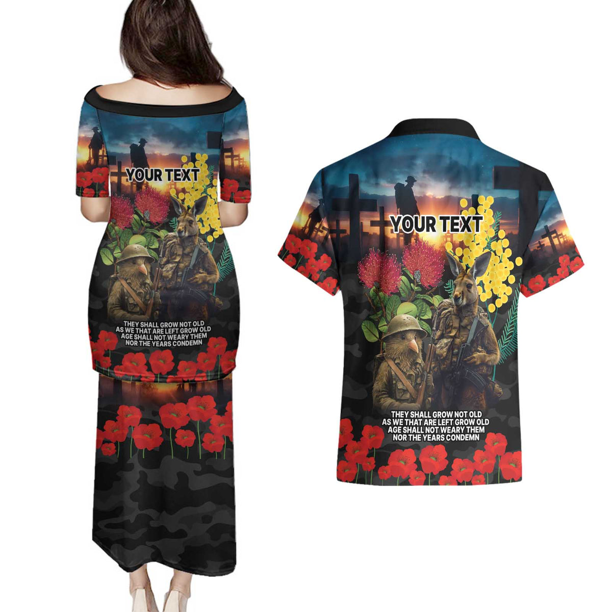 Kangaroo-Kiwi Soldier ANZAC Personalised Couples Matching Puletasi and Hawaiian Shirt Golden Wattle and Pohutukawa Flowers