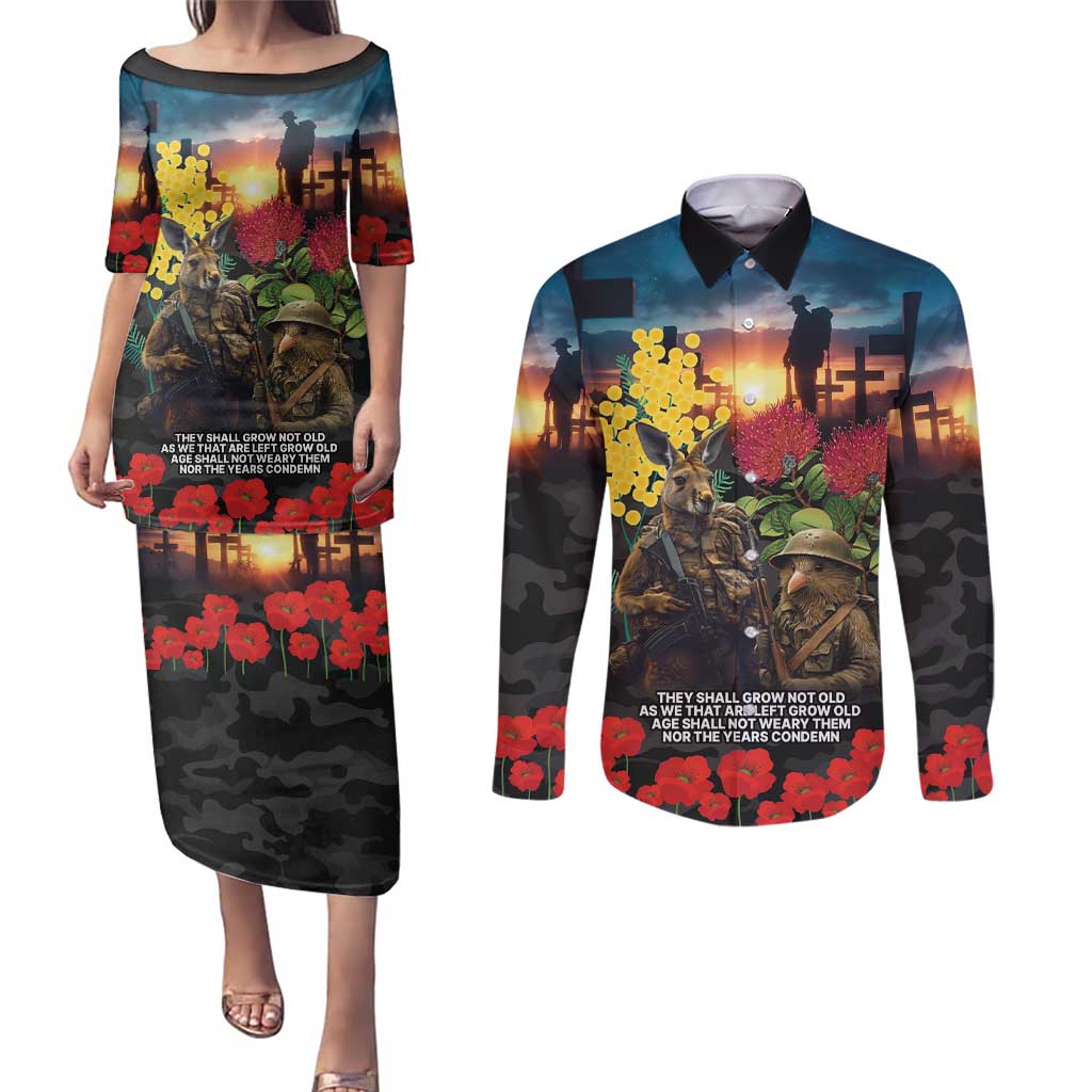 Kangaroo-Kiwi Soldier ANZAC Personalised Couples Matching Puletasi and Long Sleeve Button Shirt Golden Wattle and Pohutukawa Flowers