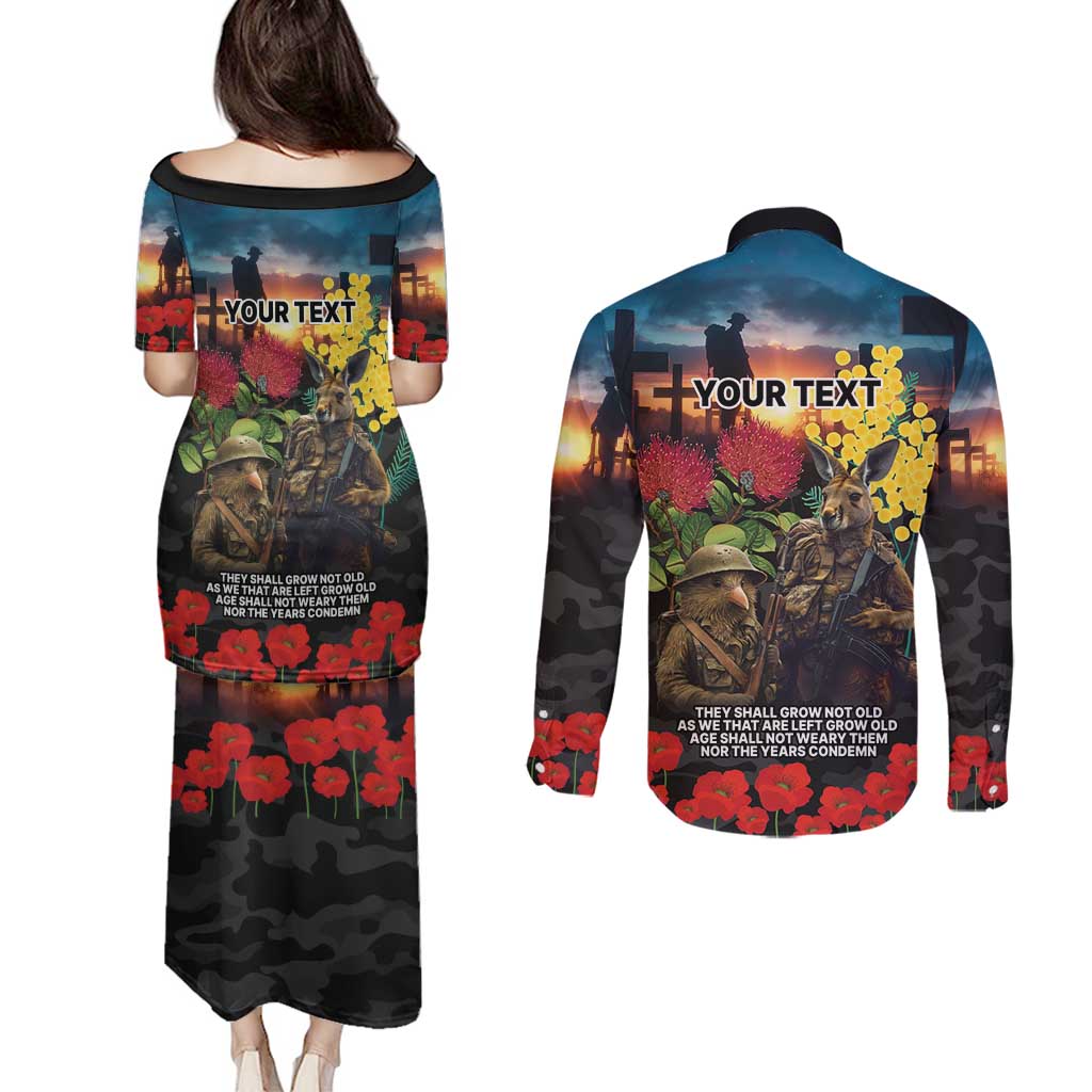 Kangaroo-Kiwi Soldier ANZAC Personalised Couples Matching Puletasi and Long Sleeve Button Shirt Golden Wattle and Pohutukawa Flowers