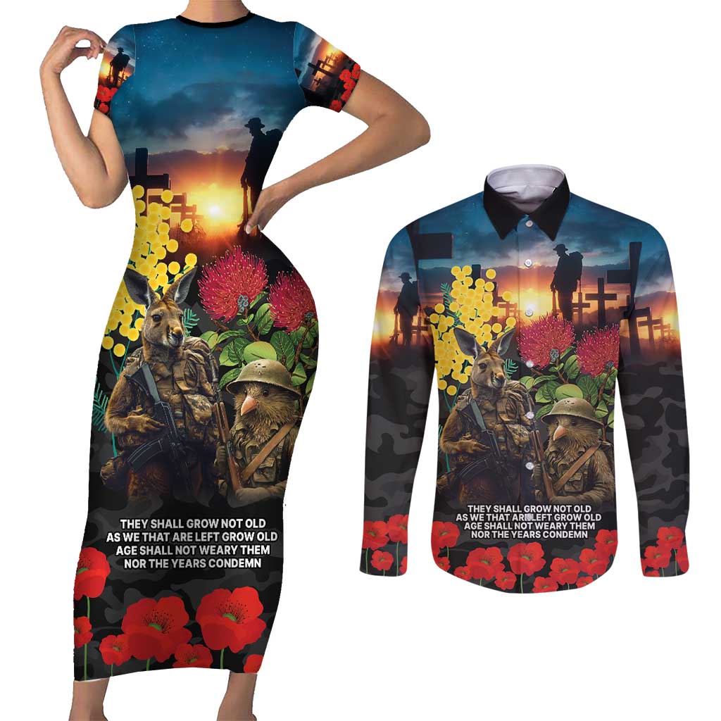 Kangaroo-Kiwi Soldier ANZAC Personalised Couples Matching Short Sleeve Bodycon Dress and Long Sleeve Button Shirt Golden Wattle and Pohutukawa Flowers