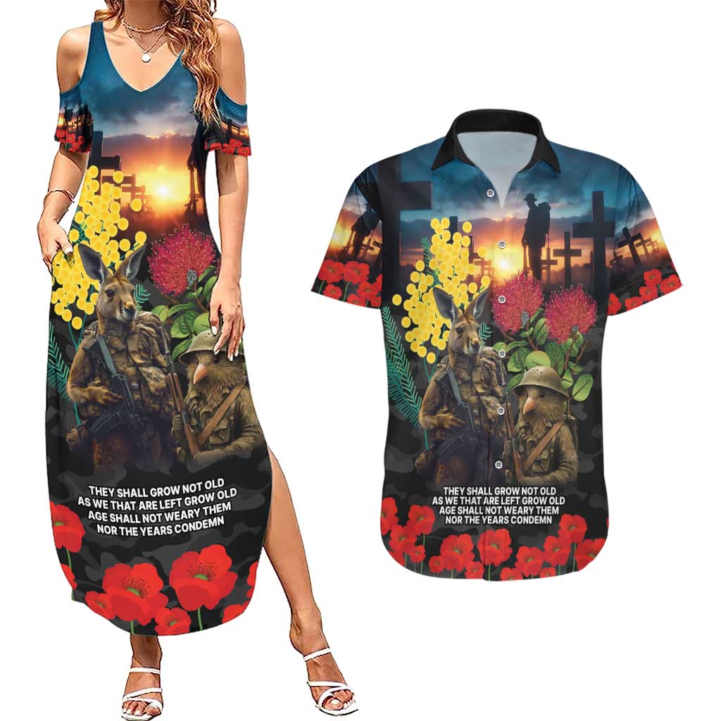 Kangaroo-Kiwi Soldier ANZAC Personalised Couples Matching Summer Maxi Dress and Hawaiian Shirt Golden Wattle and Pohutukawa Flowers
