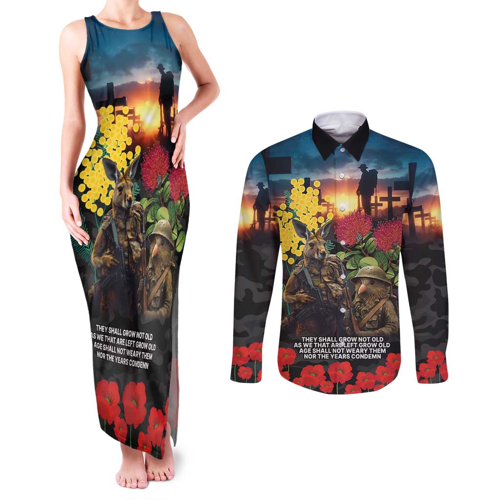 Kangaroo-Kiwi Soldier ANZAC Personalised Couples Matching Tank Maxi Dress and Long Sleeve Button Shirt Golden Wattle and Pohutukawa Flowers