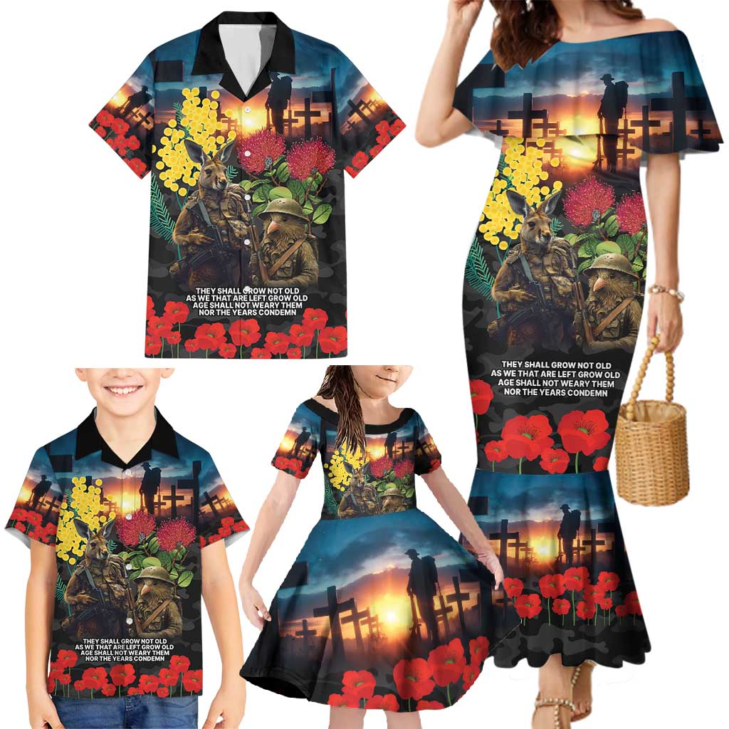 Kangaroo-Kiwi Soldier ANZAC Personalised Family Matching Mermaid Dress and Hawaiian Shirt Golden Wattle and Pohutukawa Flowers