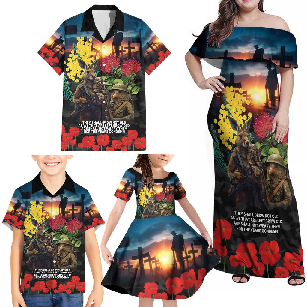 Kangaroo-Kiwi Soldier ANZAC Personalised Family Matching Off Shoulder Maxi Dress and Hawaiian Shirt Golden Wattle and Pohutukawa Flowers