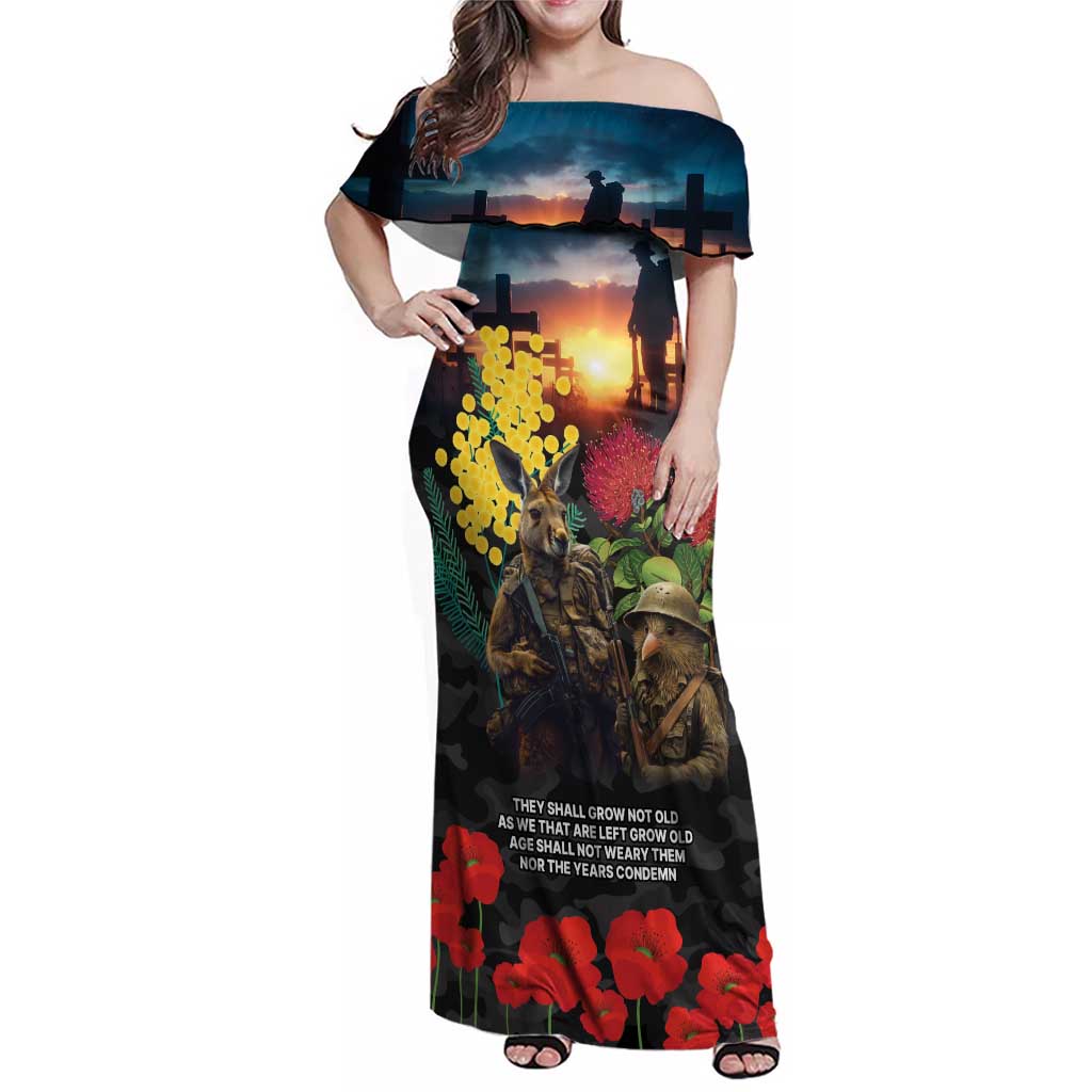 Kangaroo-Kiwi Soldier ANZAC Personalised Family Matching Off Shoulder Maxi Dress and Hawaiian Shirt Golden Wattle and Pohutukawa Flowers