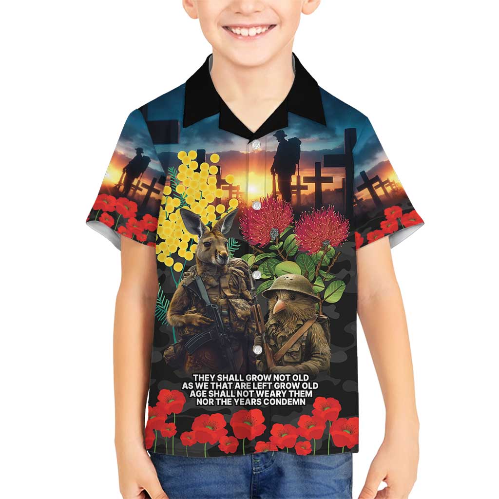 Kangaroo-Kiwi Soldier ANZAC Personalised Family Matching Off Shoulder Short Dress and Hawaiian Shirt Golden Wattle and Pohutukawa Flowers