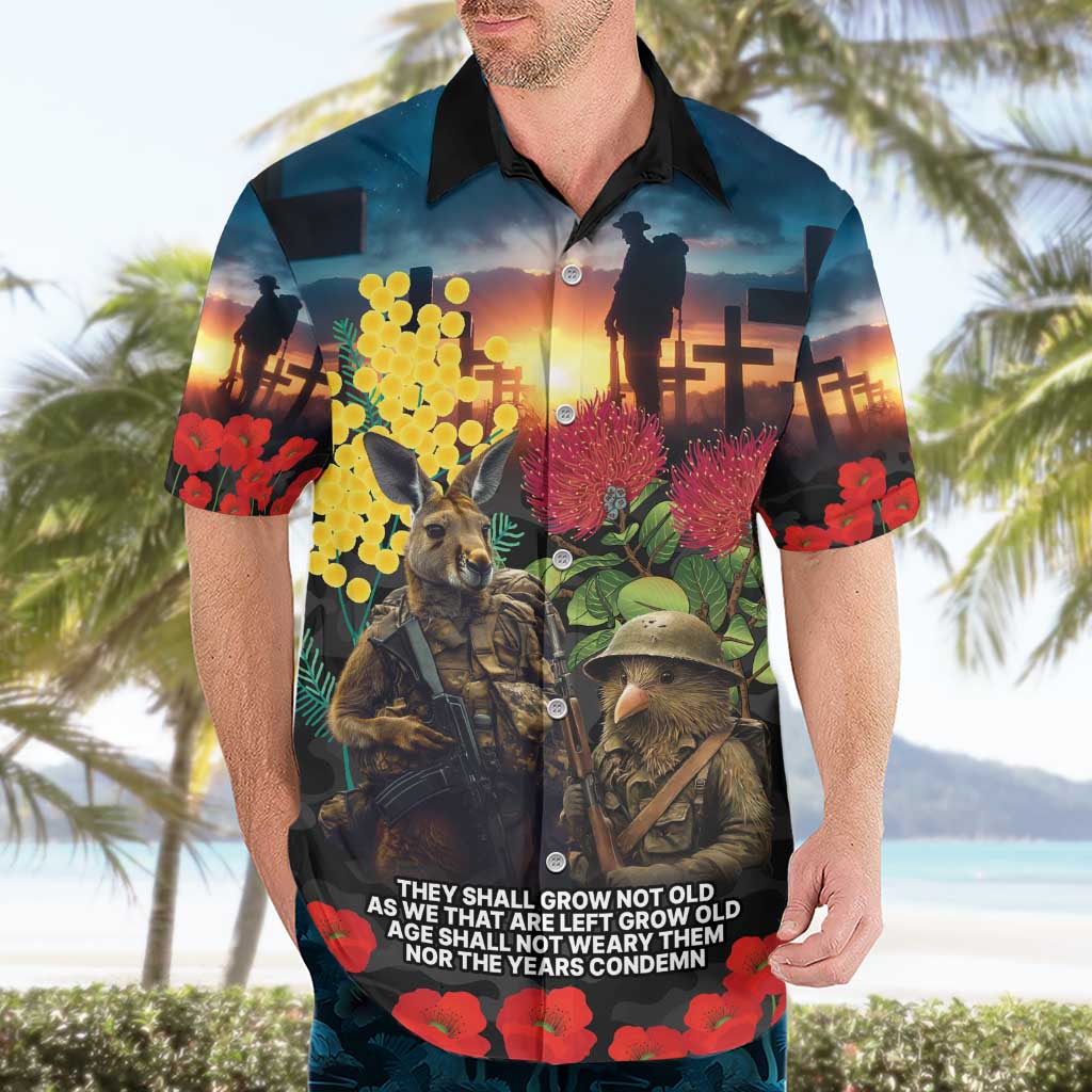 Kangaroo-Kiwi Soldier ANZAC Personalised Hawaiian Shirt Golden Wattle and Pohutukawa Flowers