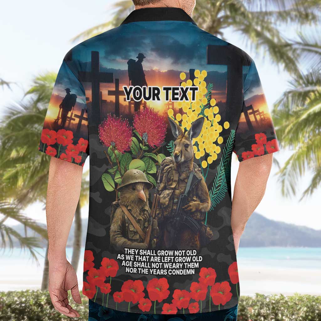 Kangaroo-Kiwi Soldier ANZAC Personalised Hawaiian Shirt Golden Wattle and Pohutukawa Flowers
