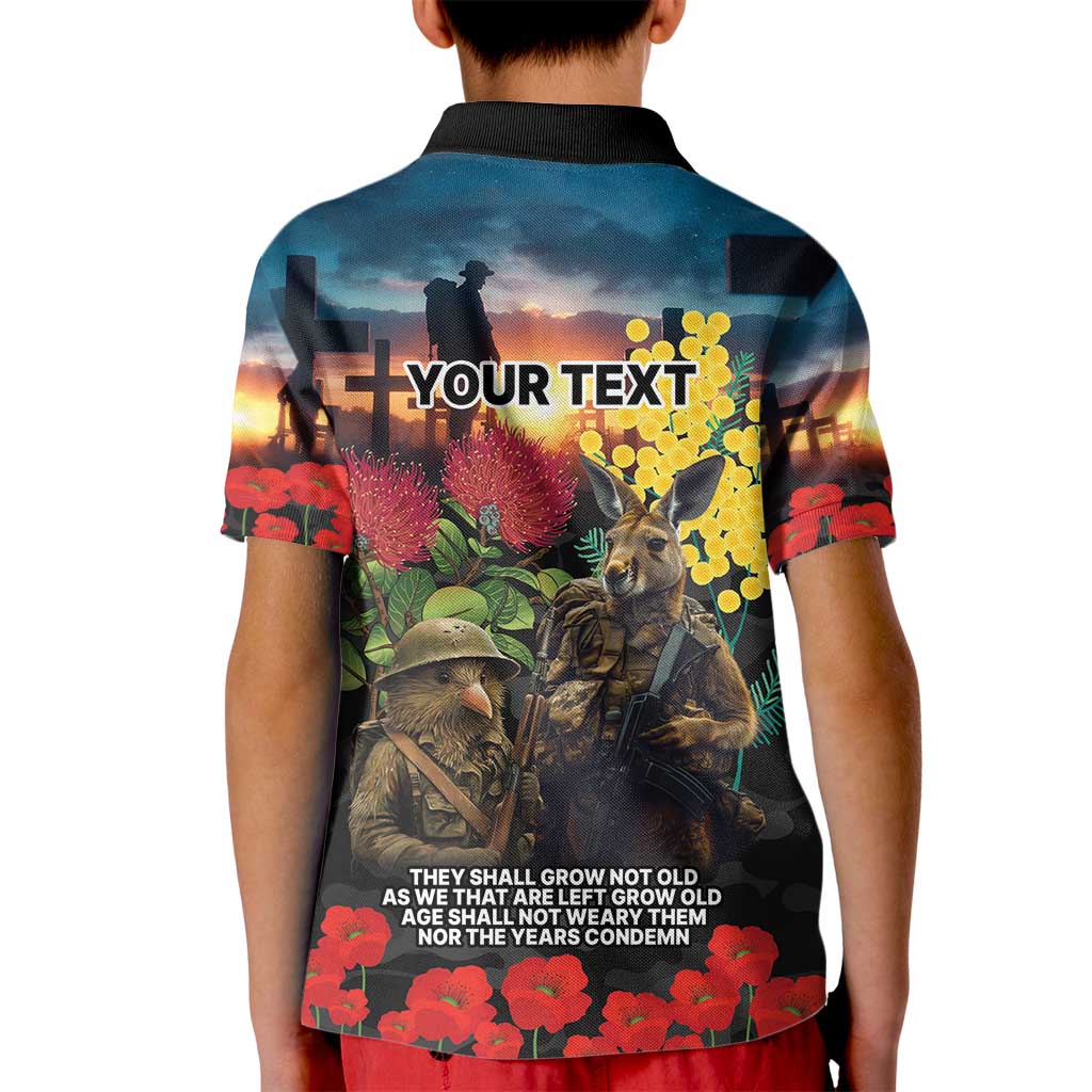 Kangaroo-Kiwi Soldier ANZAC Personalised Kid Polo Shirt Golden Wattle and Pohutukawa Flowers