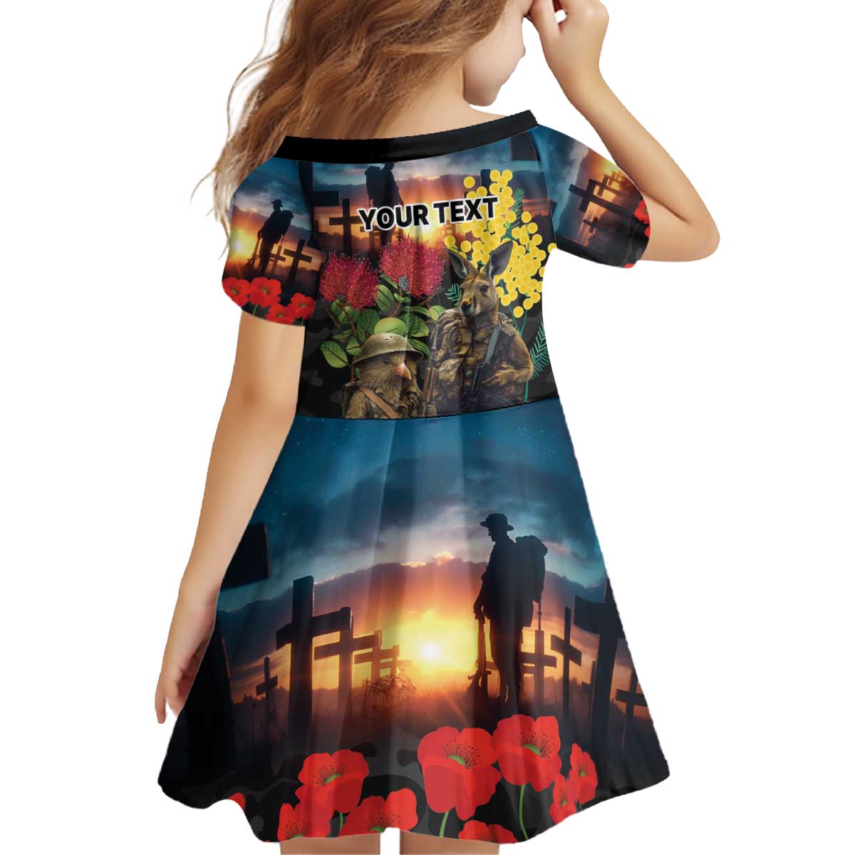 Kangaroo-Kiwi Soldier ANZAC Personalised Kid Short Sleeve Dress Golden Wattle and Pohutukawa Flowers