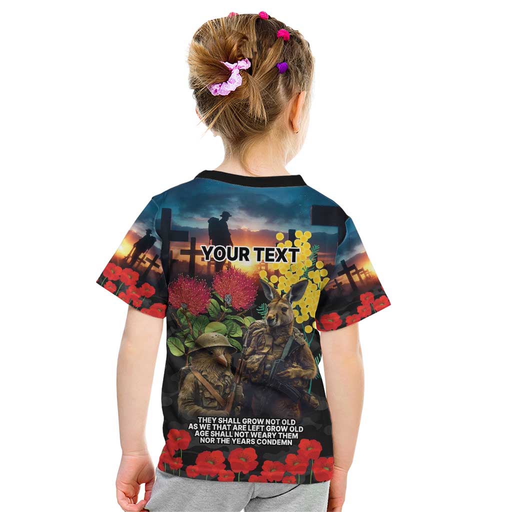 Kangaroo-Kiwi Soldier ANZAC Personalised Kid T Shirt Golden Wattle and Pohutukawa Flowers