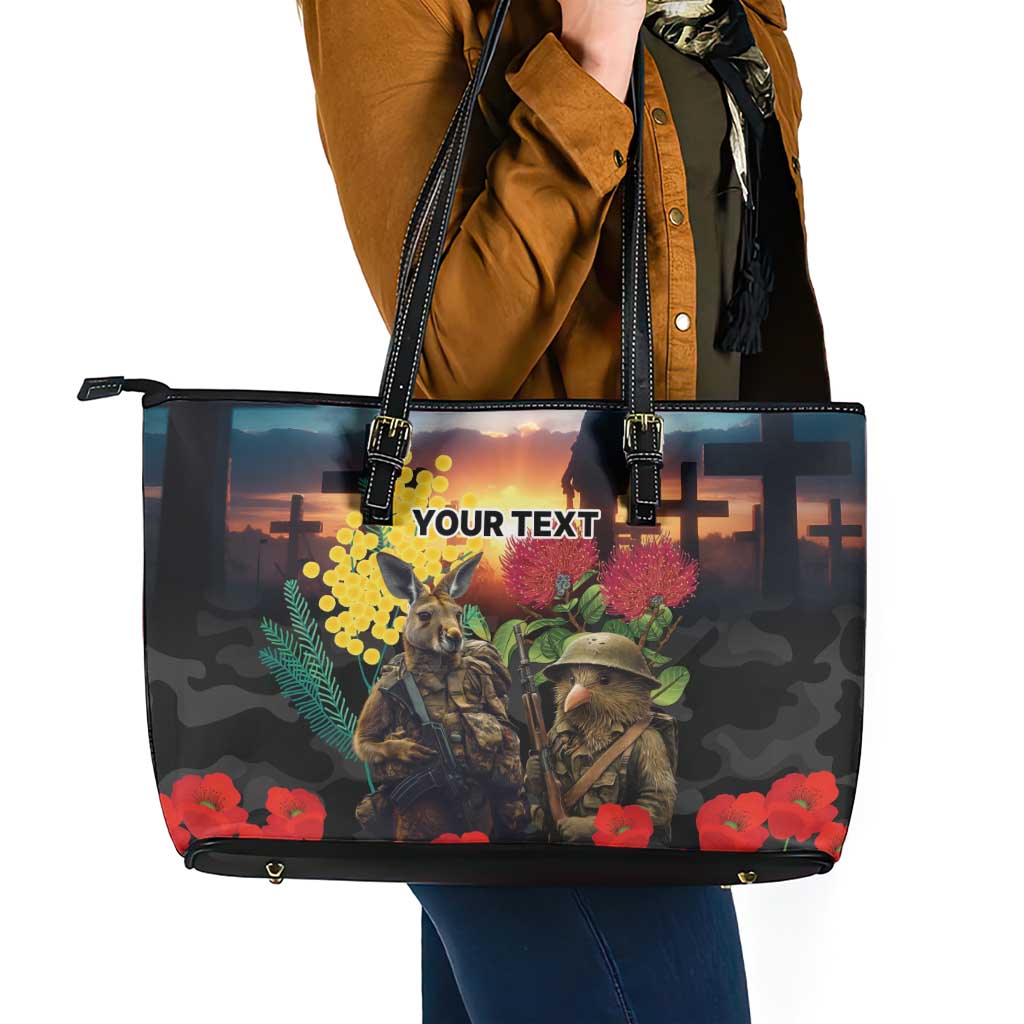 Kangaroo-Kiwi Soldier ANZAC Personalised Leather Tote Bag Golden Wattle and Pohutukawa Flowers