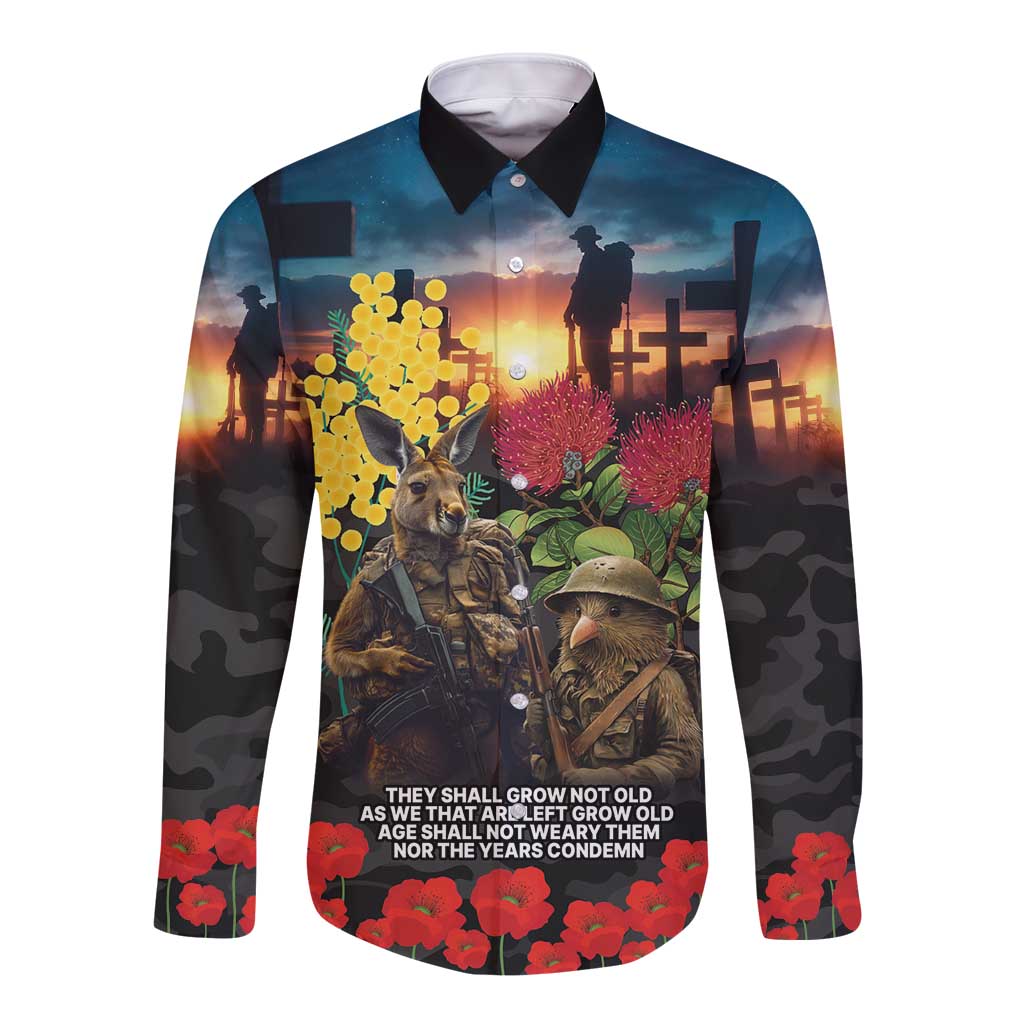 Kangaroo-Kiwi Soldier ANZAC Personalised Long Sleeve Button Shirt Golden Wattle and Pohutukawa Flowers