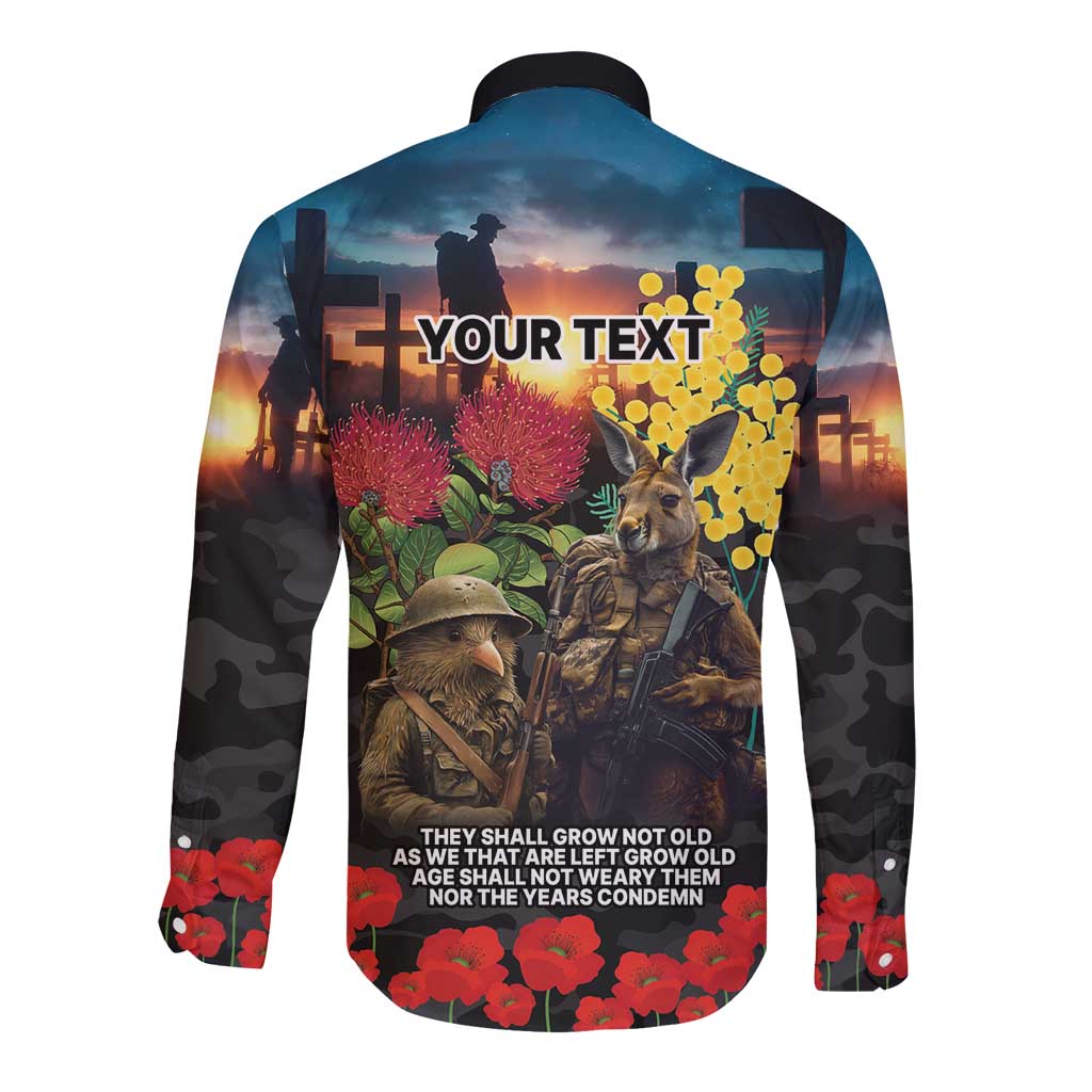 Kangaroo-Kiwi Soldier ANZAC Personalised Long Sleeve Button Shirt Golden Wattle and Pohutukawa Flowers