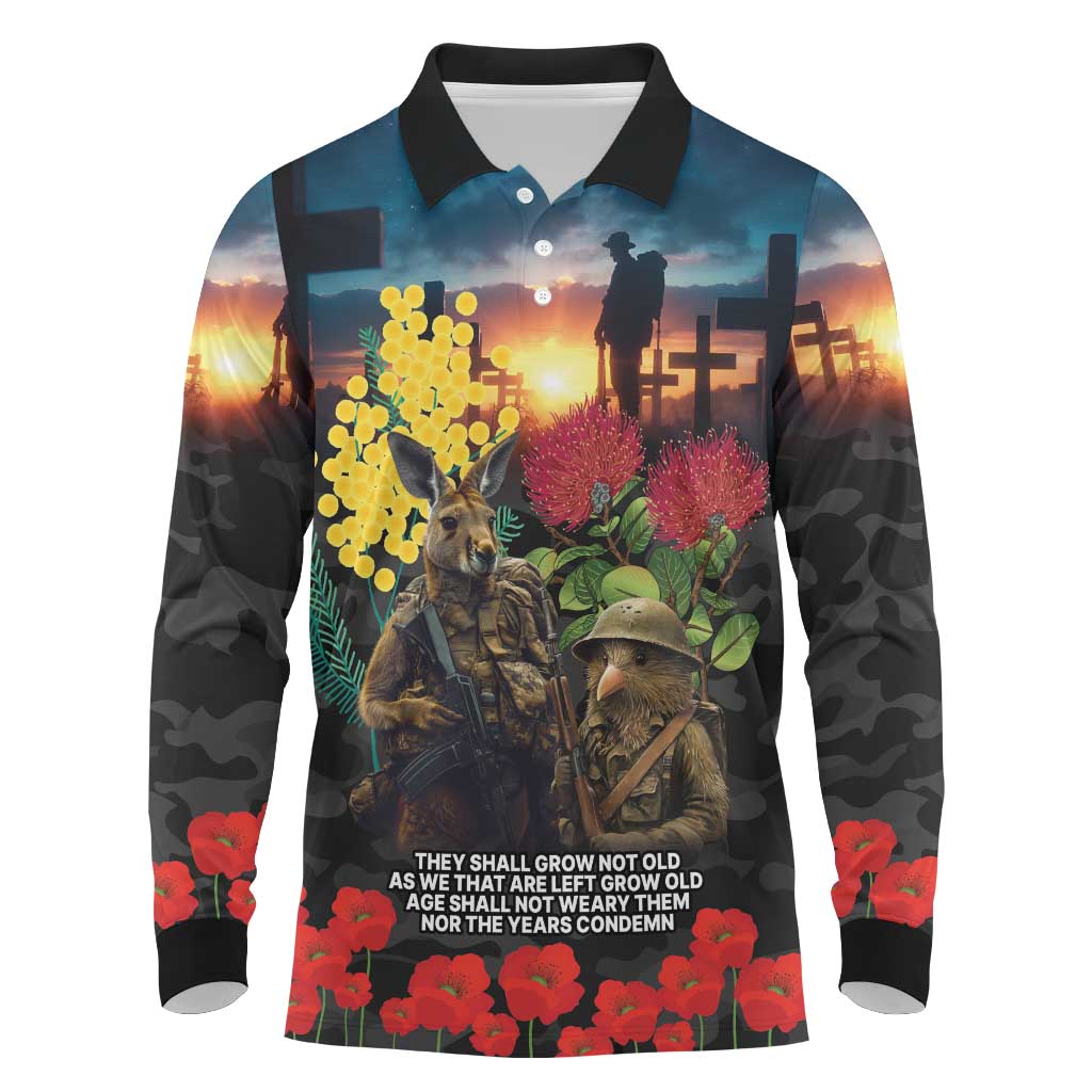 Kangaroo-Kiwi Soldier ANZAC Personalised Long Sleeve Polo Shirt Golden Wattle and Pohutukawa Flowers