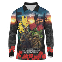 Kangaroo-Kiwi Soldier ANZAC Personalised Long Sleeve Polo Shirt Golden Wattle and Pohutukawa Flowers