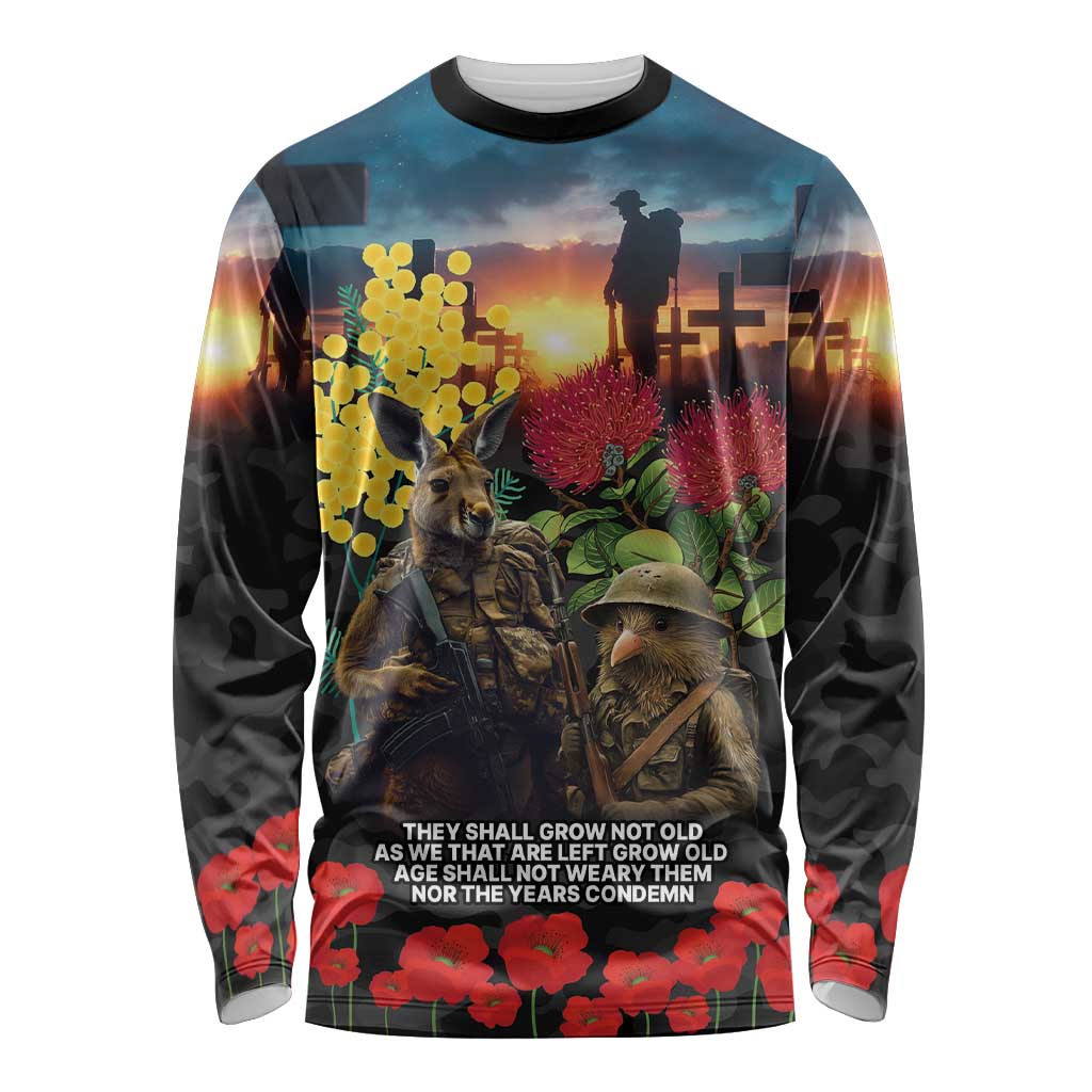Kangaroo-Kiwi Soldier ANZAC Personalised Long Sleeve Shirt Golden Wattle and Pohutukawa Flowers