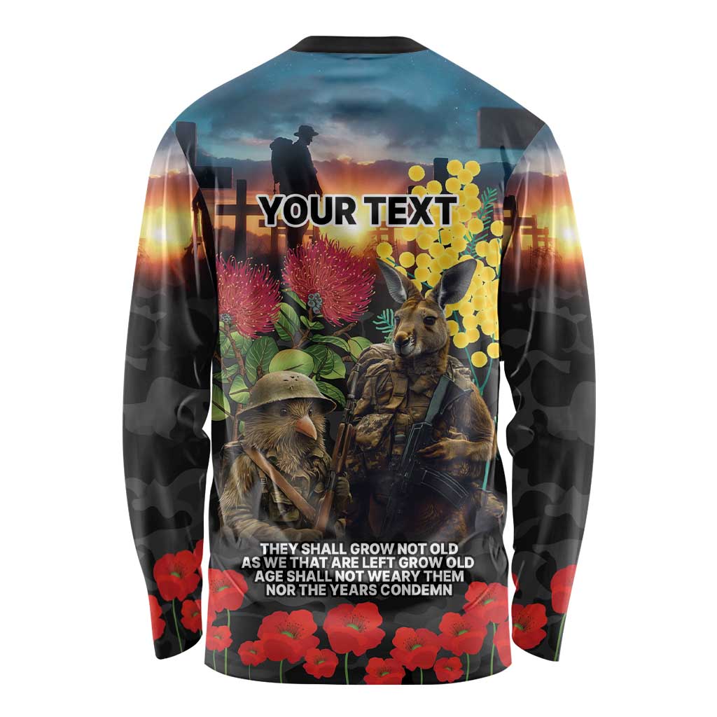 Kangaroo-Kiwi Soldier ANZAC Personalised Long Sleeve Shirt Golden Wattle and Pohutukawa Flowers
