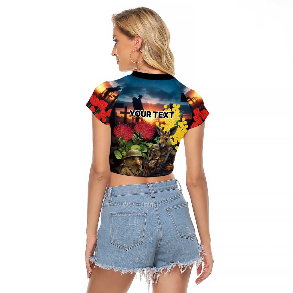 Kangaroo-Kiwi Soldier ANZAC Personalised Raglan Cropped T Shirt Golden Wattle and Pohutukawa Flowers